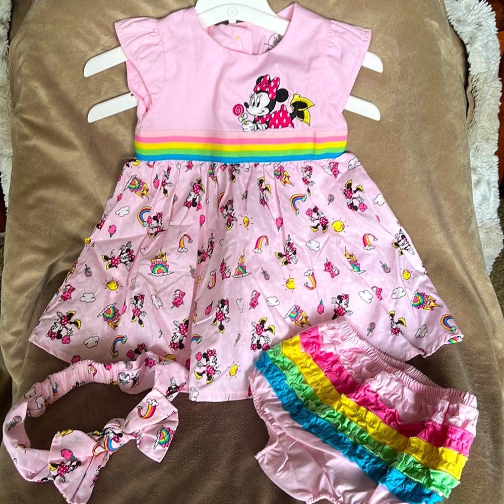 Disney World Minnie Mouse Pink/Rainbow Dress with Headband & Ruffle Diaper Cover